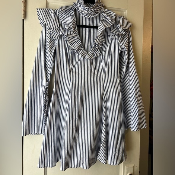 Caroline Constas Micki Choker V Neck Cotton Striped Ruffle Dress 4 - Picture 9 of 13